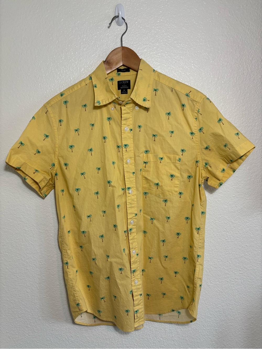 J Crew Flash Washed Slim Fit Button Down Yellow Palm Tree Print Shirt Size Med